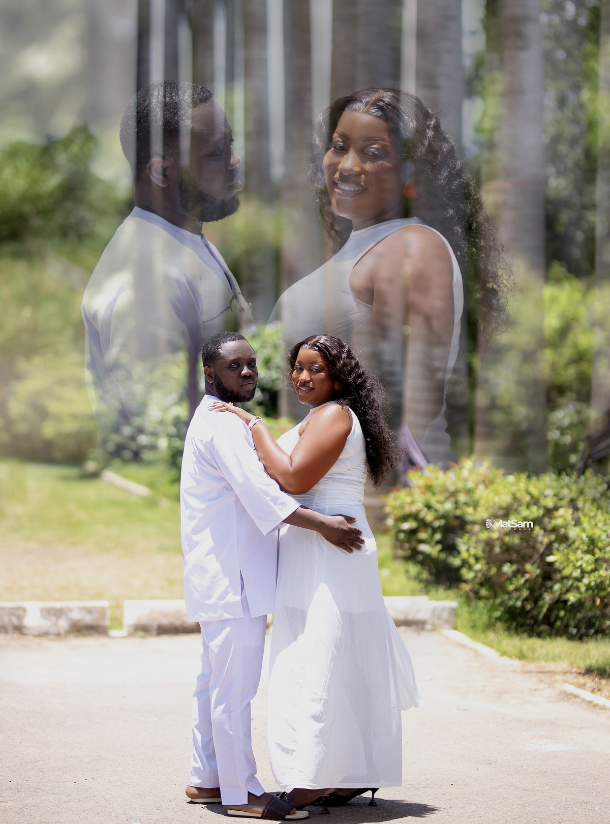 Samuel and Jennifer in white, a double-exposure portrait